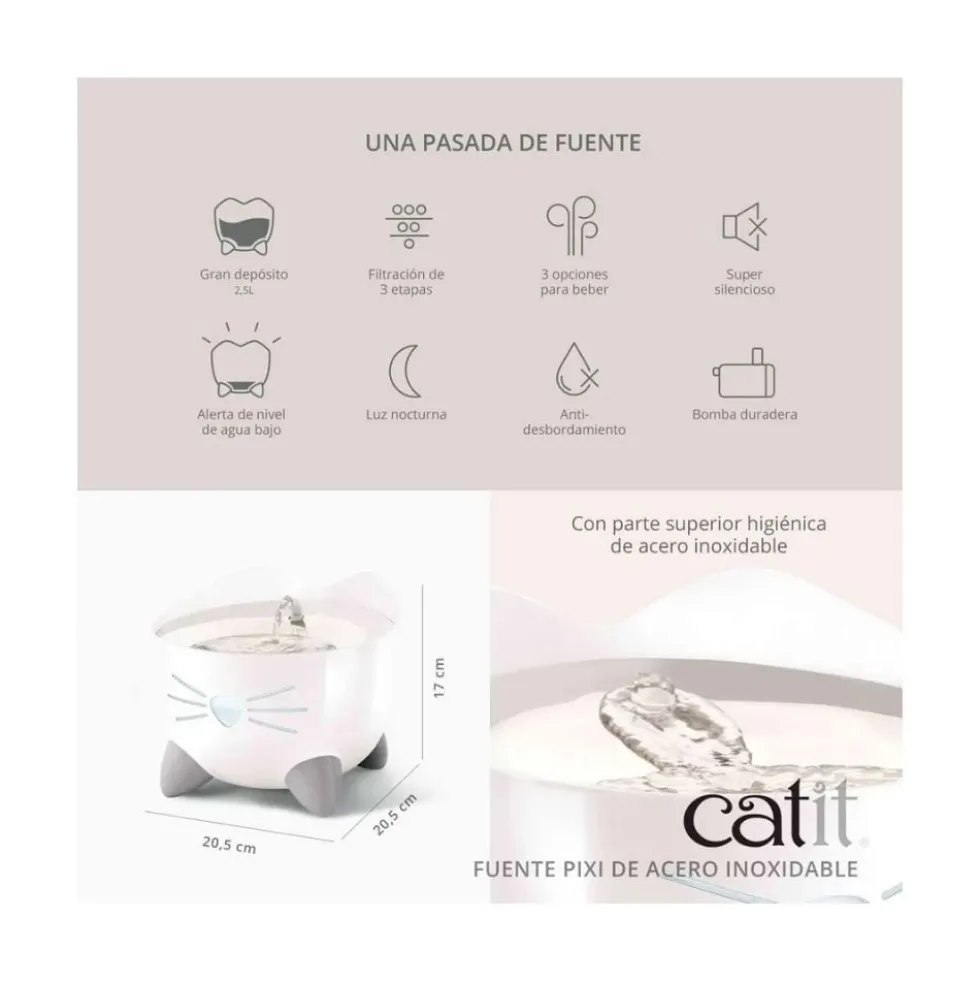 Catit Pixi Fuente Acero Inoxidable 2,5L para Gatos