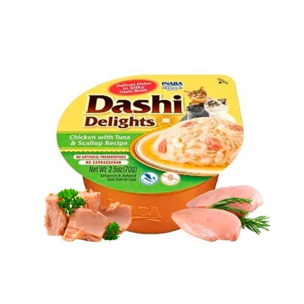 Inaba Dashi Delights Tarrina de Pollo Atún y Vieiras para Gato