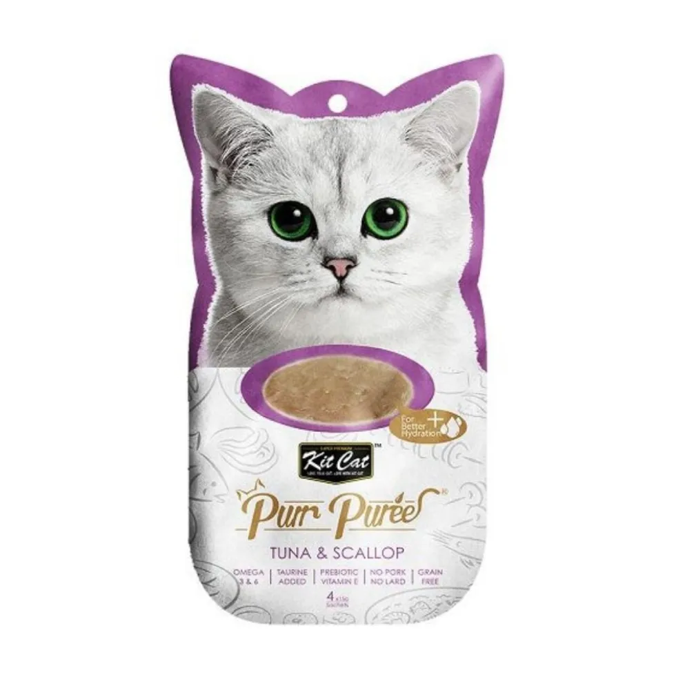 Kit Cat PurrPuree Snack de Atún y Vieiras 4x15g para Gatos