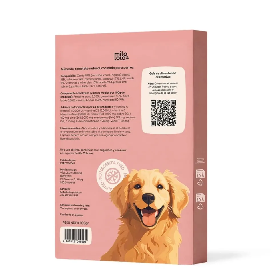 Milo y Lola Comida Natural Cocinada de Cerdo para Perro Adulto