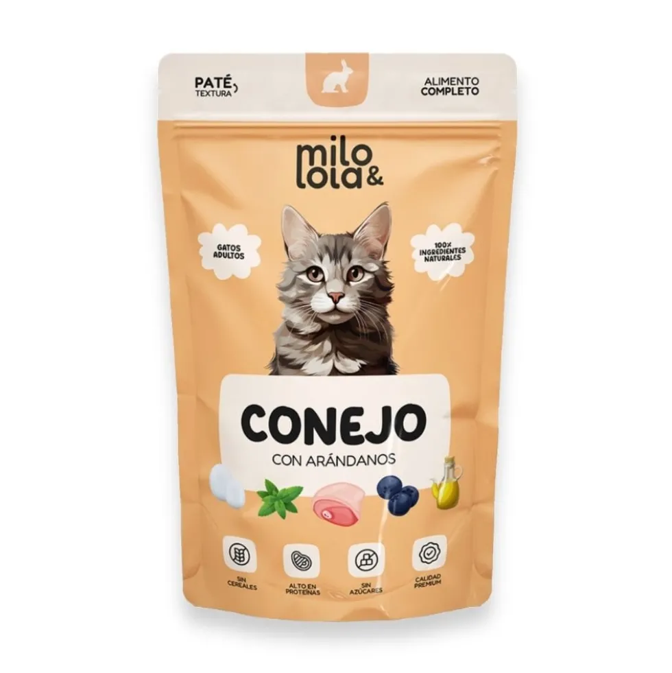 Pack 12 Sobres Milo y Lola de Conejo y Pollo con Arándanos para Gato