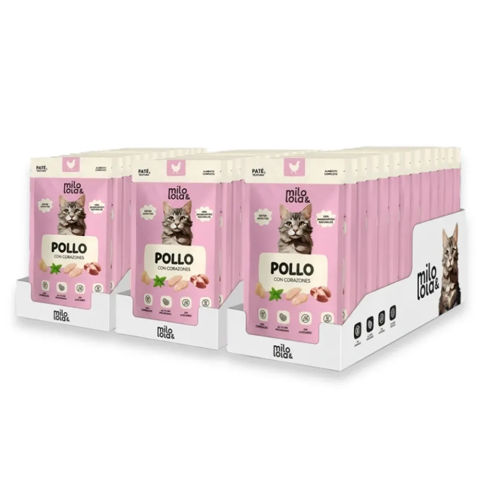Pack 36 Sobres Milo y Lola de Pollo con Corazones para Gato